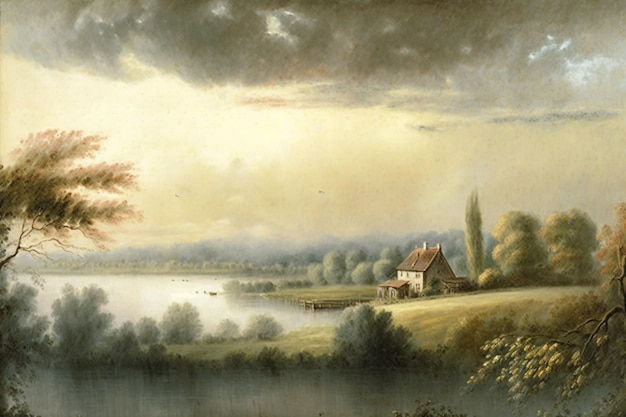 pintura de uma paisagem com uma casa e um rio generativo ai