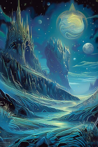 pintura de uma paisagem de fantasia com uma montanha e um lago generativo ai