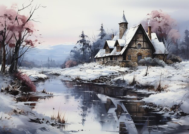 Pintura de uma paisagem de inverno congelada