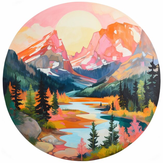 pintura de uma paisagem de montanha com um lago e árvores generativo ai