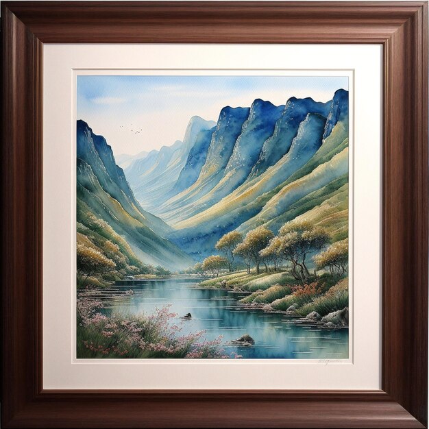 pintura de uma paisagem de montanha com um rio e um pássaro