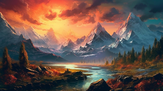 Pintura de uma paisagem de montanha com um rio e uma cordilheira generativa ai