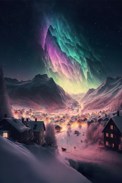 Pintura de uma paisagem de neve com uma montanha ao fundo generative ai