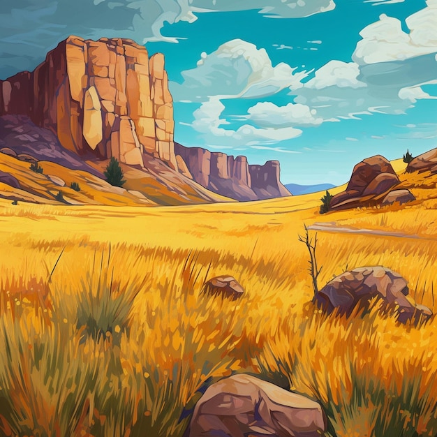 Pintura de uma paisagem desértica com rochas e grama generativa ai