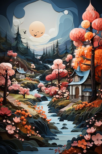 Pintura de uma paisagem japonesa com um rio e uma casa generativa ai
