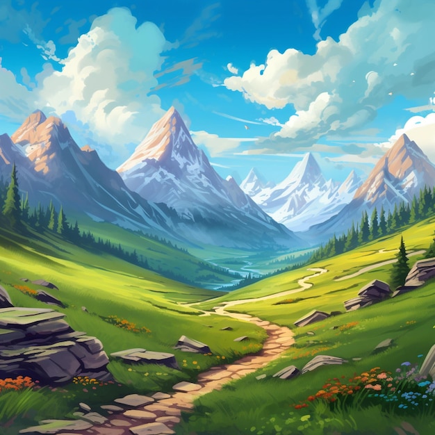 Pintura de uma paisagem montanhosa com um caminho que conduz a um vale generativo ai