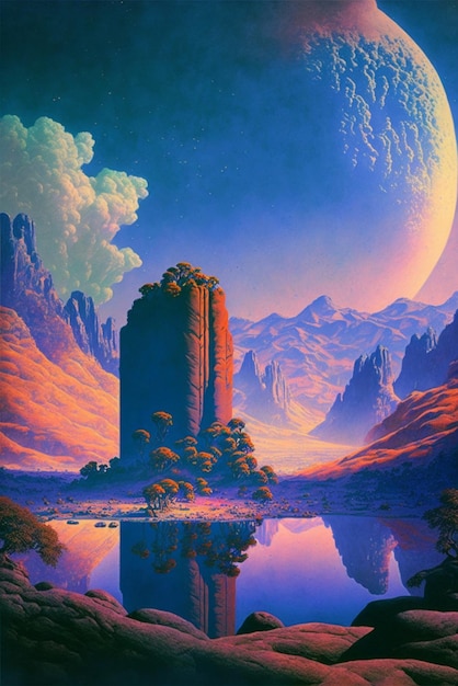 Pintura de uma paisagem montanhosa com um lago em primeiro plano generativo ai