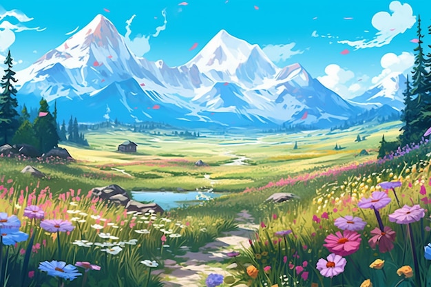 Pintura de uma paisagem montanhosa com um riacho e flores generativas ai