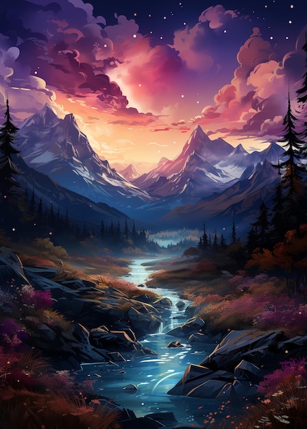 pintura de uma paisagem montanhosa com um riacho e um pôr do sol gerador de IA