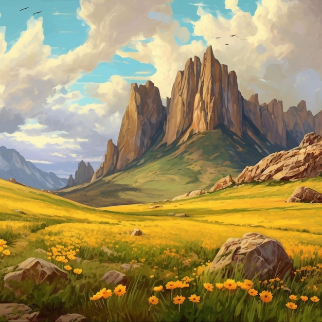 Pintura de uma paisagem montanhosa com um vale e flores amarelas generativas ai