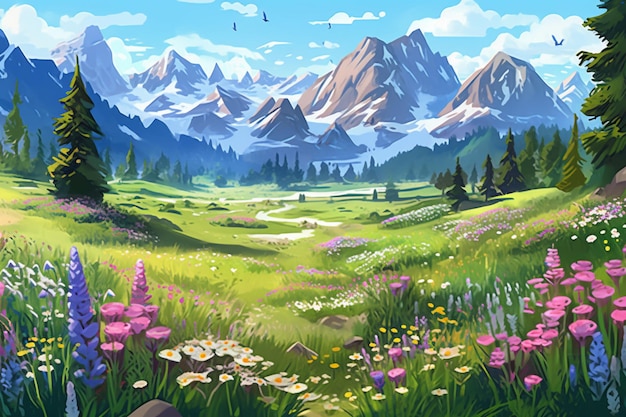 Pintura de uma paisagem montanhosa com um vale e flores generativas ai