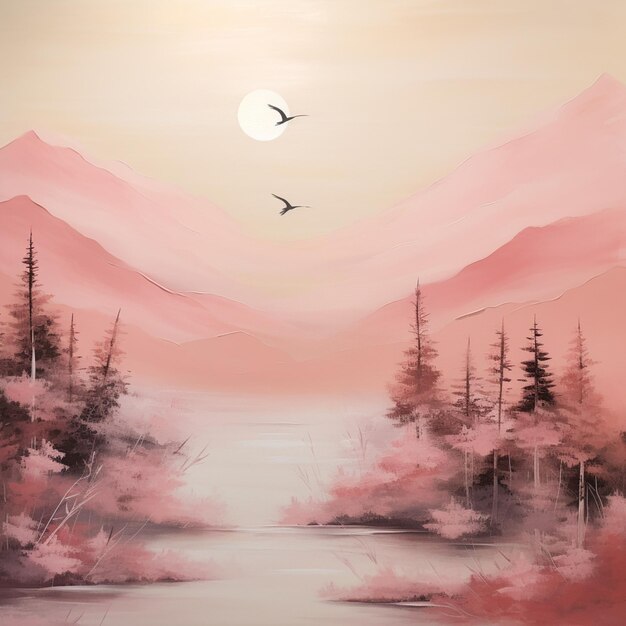 pintura de uma paisagem rosa com um pássaro voando sobre um lago generativo ai