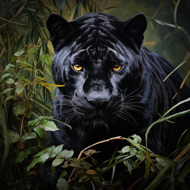 Foto pintura de uma pantera preta na selva com olhos amarelos generativo ai