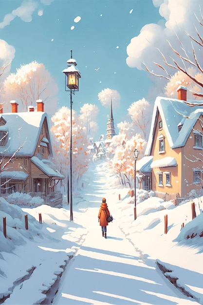 Pintura de uma pessoa andando por uma rua com neve generativa ai