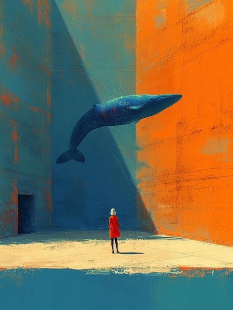 pintura de uma pessoa de pé em frente a uma baleia em um edifício generativo ai