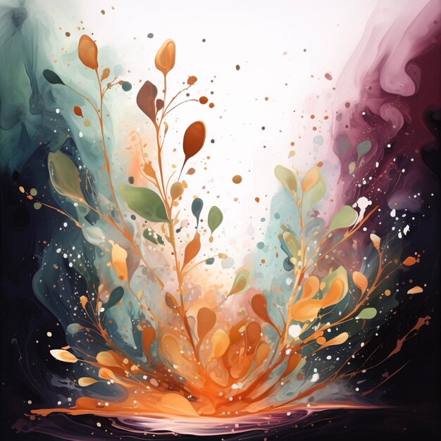 Pintura de uma pintura abstrata colorida de uma flor com folhas generativas ai