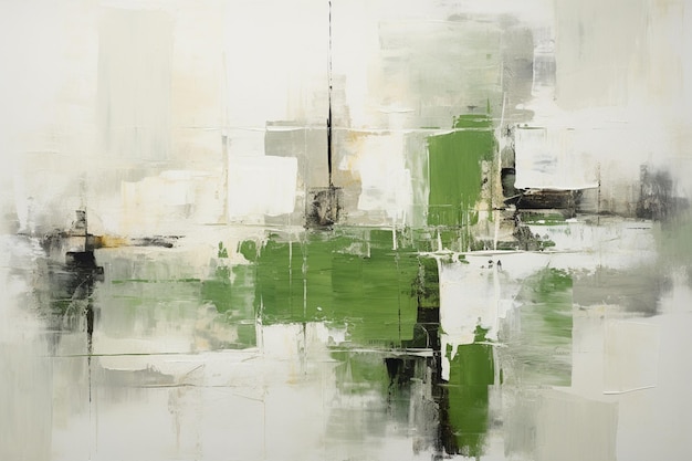 Pintura de uma pintura abstrata verde e branca com um relógio generativo em preto e branco