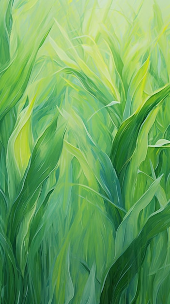 Pintura de uma pintura de um campo de grama verde com um pássaro empoleirado em cima dela generativa ai