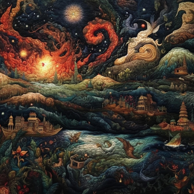 Pintura de uma pintura de um dragão e um dragão em uma paisagem generativa ai