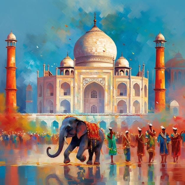 Pintura de uma pintura de um grande edifício com um grande elefante generativo ai