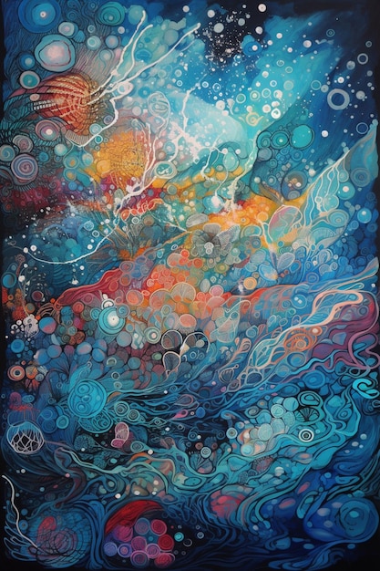 Pintura de uma pintura de uma cena oceânica colorida com bolhas generativas ai