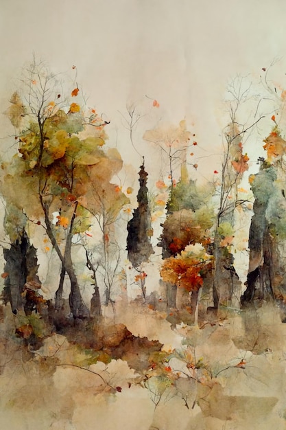 Pintura de uma pintura de uma floresta com árvores e folhas generativas ai