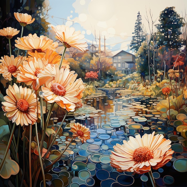 pintura de uma pintura de uma lagoa com flores e uma casa generativa ai