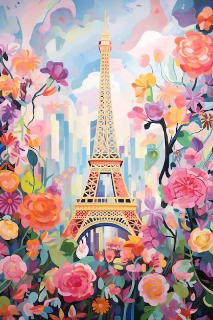 pintura de uma pintura de uma torre Eiffel cercada por flores generativa ai