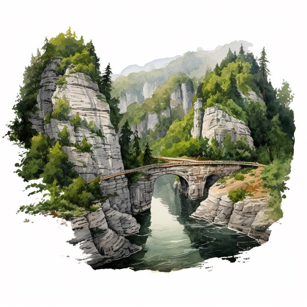 pintura de uma ponte sobre um rio cercado por montanhas generativo ai