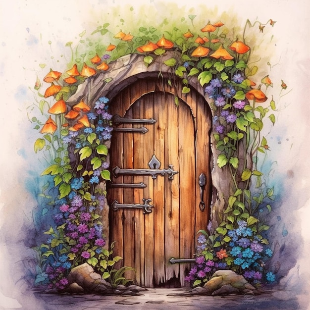 pintura de uma porta com flores e vinhas ai generativa