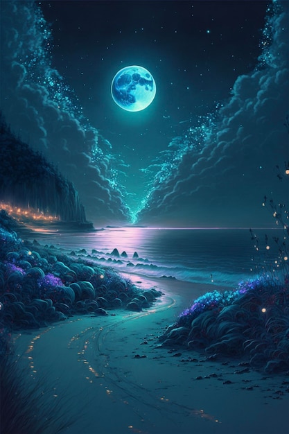 Pintura de uma praia à noite com lua cheia no céu generativo ai