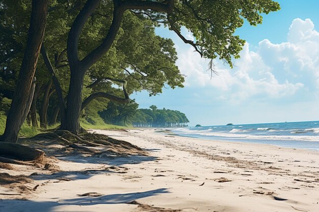 Pintura de uma praia com pegadas na areia e um céu azul