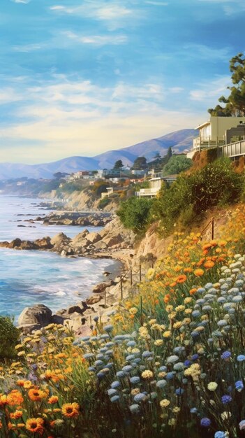 Pintura de uma praia com uma casa e flores na costa generativa ai