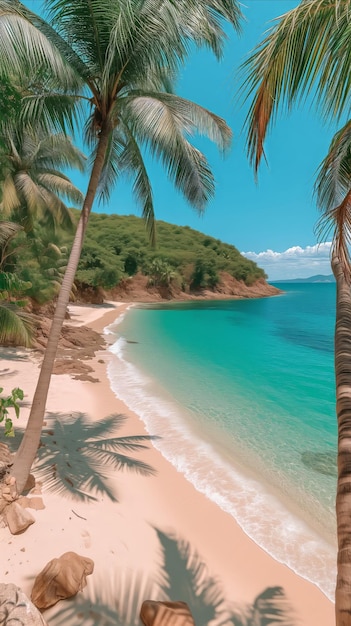 Pintura de uma praia tropical com palmeiras