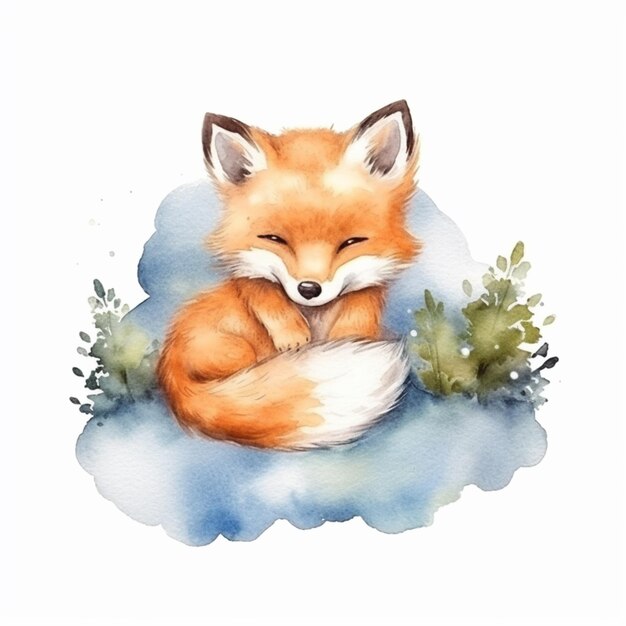 Pintura de uma raposa dormindo em uma nuvem com uma planta ao fundo generative ai