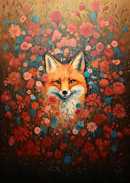 pintura de uma raposa em um campo de flores com um fundo dourado generativo ai