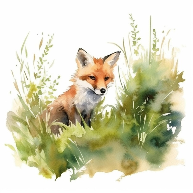 Pintura de uma raposa na grama com um fundo branco generativo ai