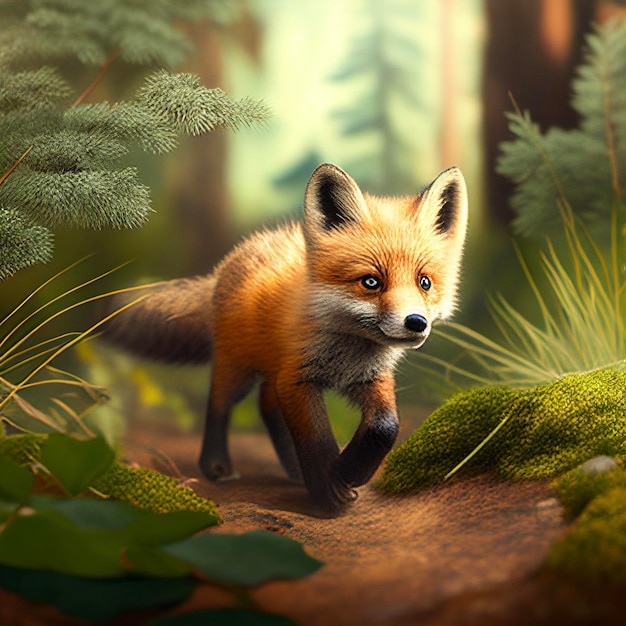 Pintura de uma raposa vermelha na floresta generativa ai