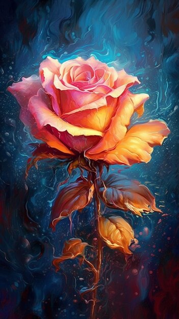 pintura de uma rosa com um fundo azul e um fundo vermelho generativo ai