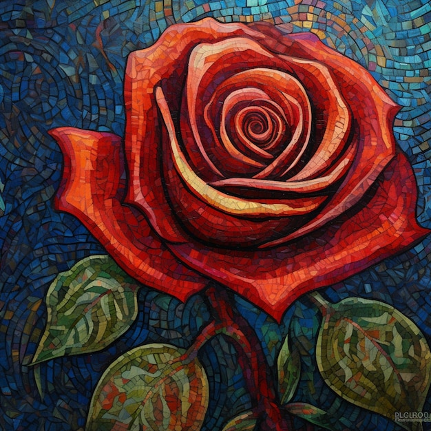 pintura de uma rosa em um fundo de mosaico com folhas generativas ai