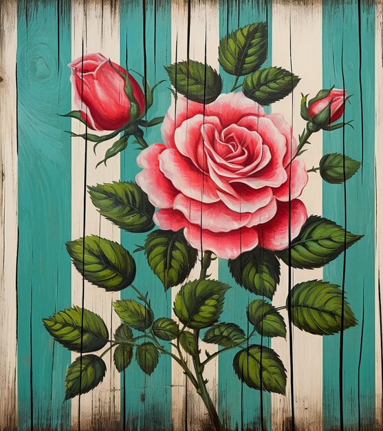 pintura de uma rosa em uma cerca de madeira pintada com folhas verdes generativa ai