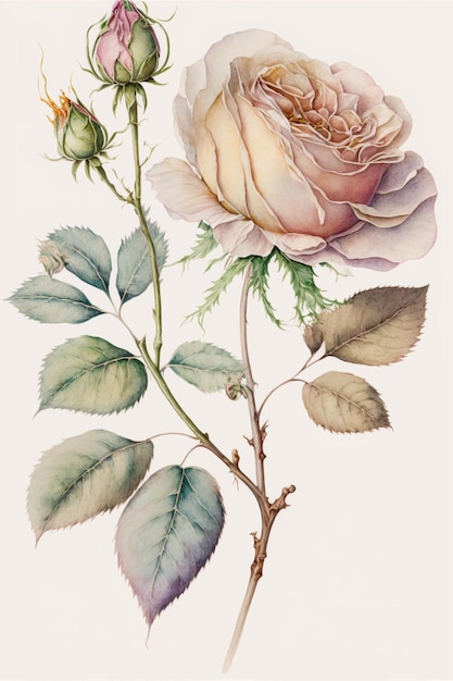 Pintura de uma rosa rosa com folhas verdes generativas ai