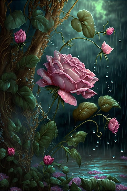 Pintura de uma rosa rosa na chuva generativa ai