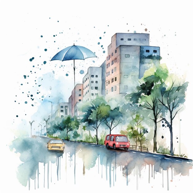 pintura de uma rua da cidade com um carro e um guarda-chuva generativo ai