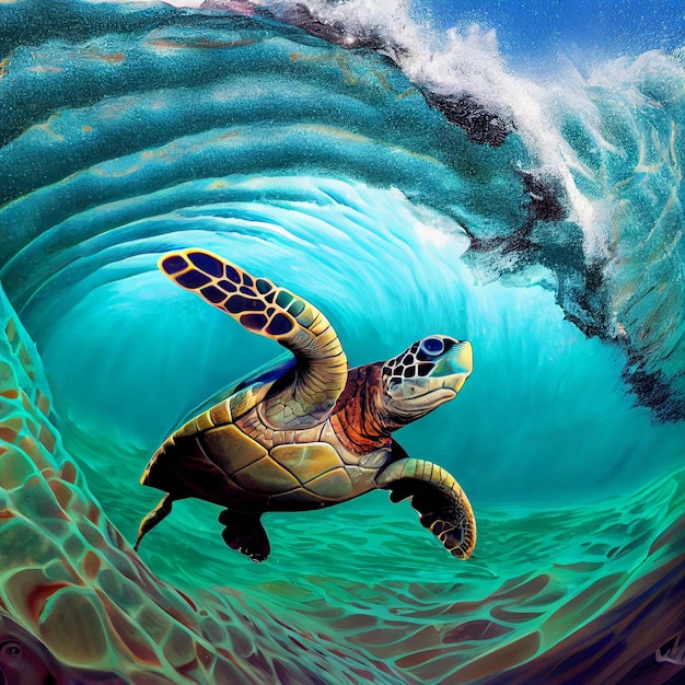 Pintura de uma tartaruga nadando sob uma onda generativa ai
