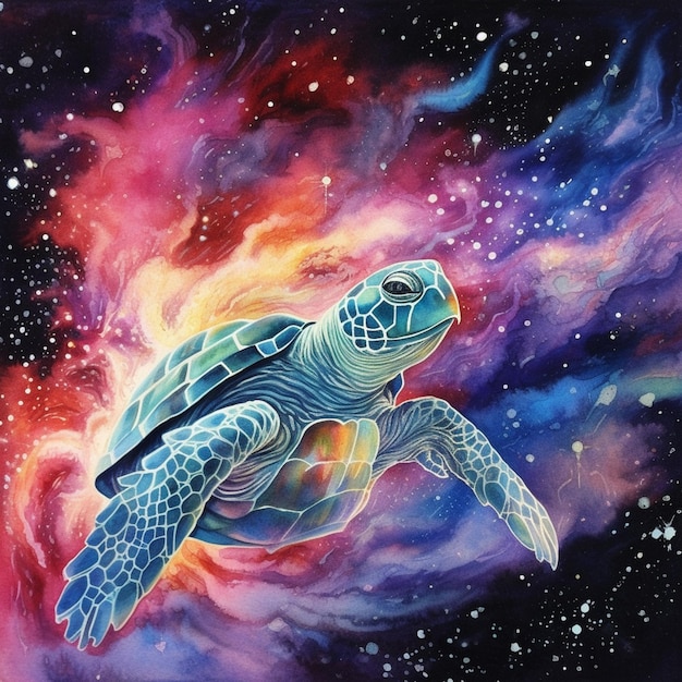 Pintura de uma tartaruga no meio de uma galáxia com estrelas generativas ai