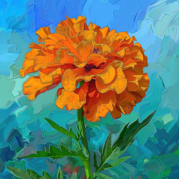 Foto pintura de uma única flor laranja com um fundo de céu azul