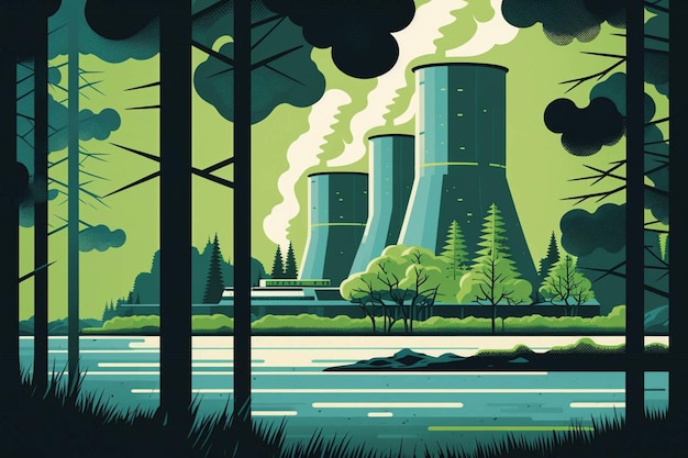 Pintura de uma usina nuclear em uma floresta generativa ai