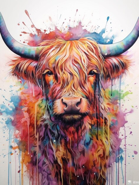 pintura de uma vaca com salpicos de tinta colorida em seu rosto