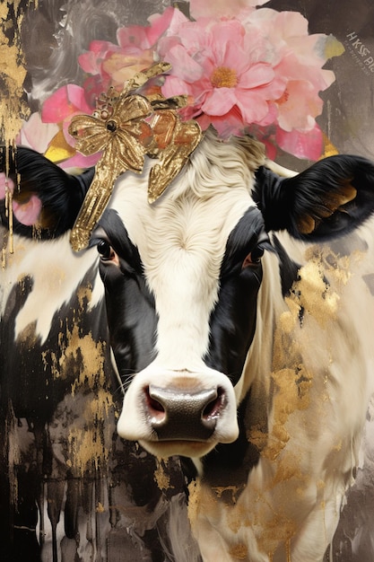 pintura de uma vaca com uma coroa de flores na cabeça generativa ai
